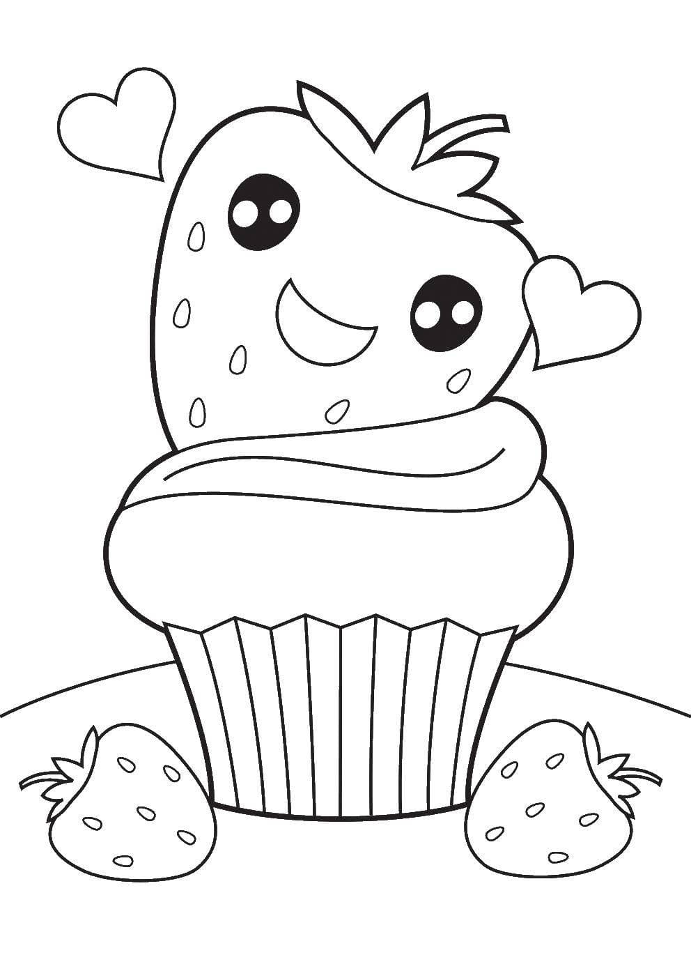 Online coloring book: A cupcake with a smiling strawberry coloring page